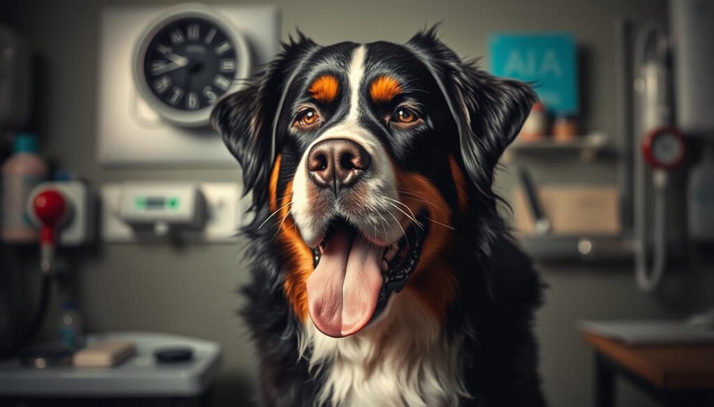 A Bernese Mountain Dog in distress, panting heavily with a concerned expression, surrounded by a blurred medical background with diagnostic equipment and supplies. Dramatic, high-contrast lighting casts long shadows, heightening the sense of urgency. The dog's piercing gaze meets the viewer's, conveying the severity of the emergency situation. Tight framing focuses attention on the canine subject, emphasizing the need for immediate veterinary care. Muted, desaturated colors evoke a somber, tense mood, underscoring the life-threatening nature of the condition.