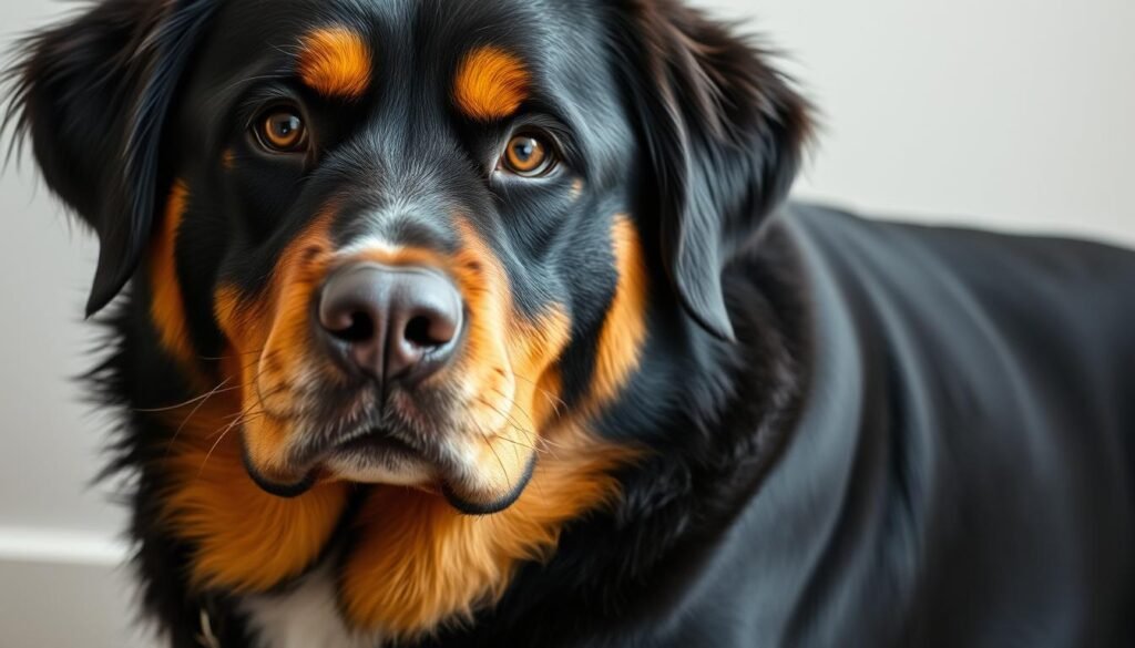 A close-up portrait of a Bernese Mountain Dog and Rottweiler mixed breed dog, showcasing its distinctive coat patterns. The dog is positioned in a natural, relaxed stance, allowing the viewer to appreciate the unique blend of the two breeds. The lighting is soft and flattering, accentuating the dog's rich, lustrous fur and the intricate patterns that blend the Bernese's tricolor markings with the Rottweiler's signature black and tan. The background is slightly blurred, keeping the focus on the dog's striking appearance. The image conveys a sense of calm and contemplation, inviting the viewer to appreciate the characteristics of this special mixed-breed canine.