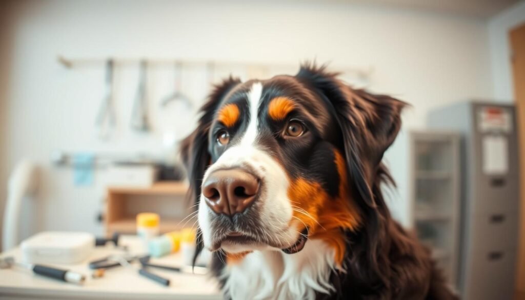 A close-up view of a Bernese Mountain Dog's face, showcasing common canine health conditions. The dog's expression is attentive and slightly concerned, against a softly blurred background of a veterinary clinic. The lighting is warm and natural, highlighting the dog's distinctive tricolor coat and expressive eyes. In the middle ground, various medical instruments and supplies suggest the diagnostic process. The depth of field emphasizes the dog's face as the focal point, creating a sense of intimacy and empathy. The overall mood is one of care and understanding, reflecting the article's aim to educate readers about Bernese Mountain Dog health issues.