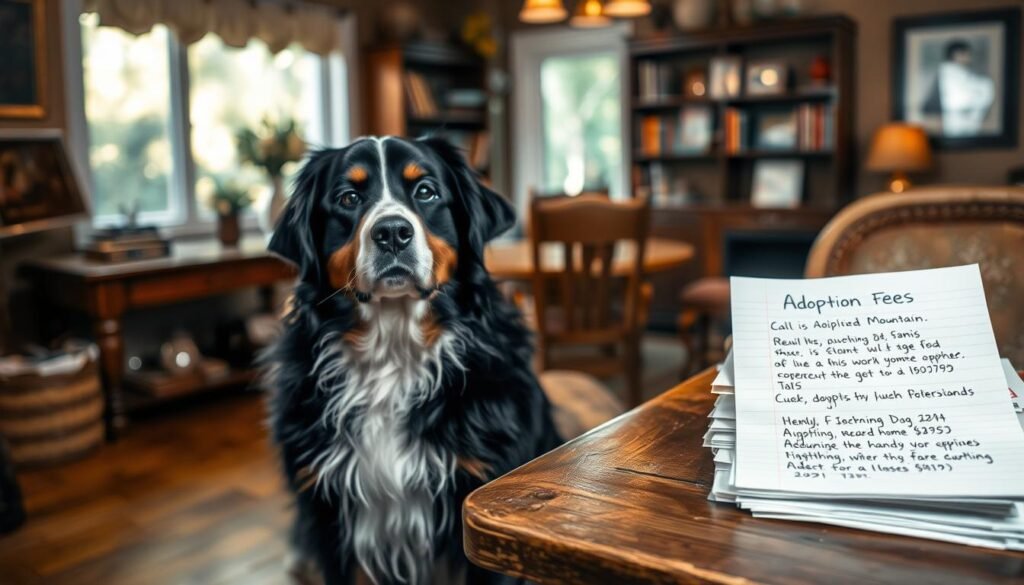 A cozy, rustic interior with warm lighting sets the scene. In the foreground, a Bernese Mountain Dog sits attentively, its thick, lustrous coat and gentle expression capturing the essence of the breed. On a wooden table nearby, a stack of adoption paperwork and a friendly, handwritten note detailing the adoption fees. The middle ground features a well-appointed home, with bookshelves and personal touches that convey the comfort and care a Bernese Mountain Dog can expect. The background blurs softly, emphasizing the focus on the dog and the adoption details. The overall mood is one of welcoming, care, and the excitement of bringing home a new canine companion.