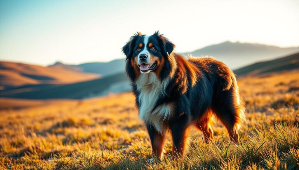 A furry, medium-sized Bernese mountain dog mix stands confidently in a grassy field, its thick, shimmering coat catching the warm, golden light of the afternoon sun. The dog's friendly, alert expression and muscular build showcase its intelligent, loyal nature. In the background, rolling hills and a clear blue sky create a serene, pastoral scene, perfectly complementing the breed's origins as a hardy working dog from the Swiss Alps. Captured with a wide-angle lens and natural lighting, this image conveys the essential traits of the Bernese mountain dog mix - its striking appearance, gentle temperament, and adaptability to various environments.