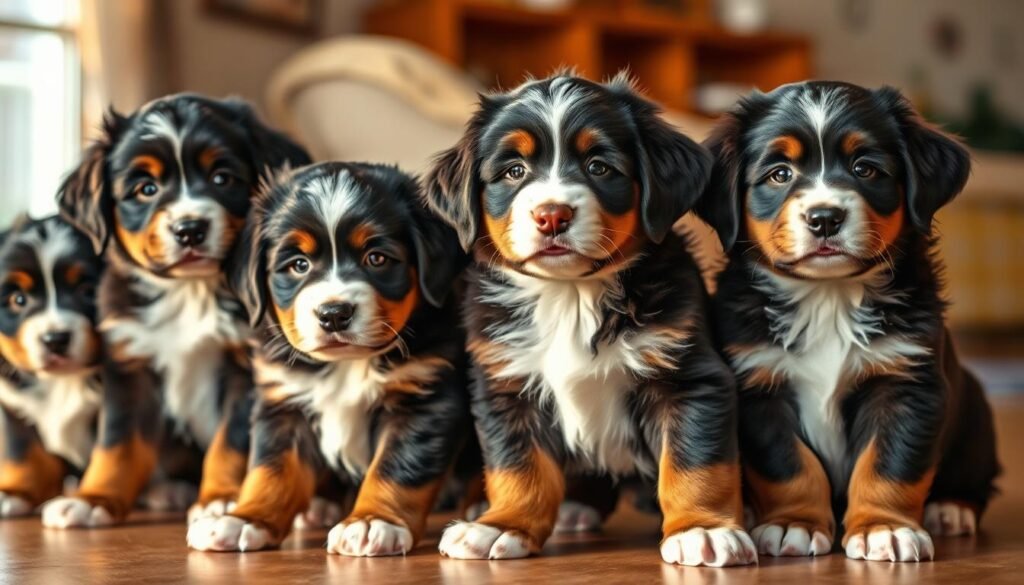 A litter of adorable, fluffy miniature Bernese mountain dog puppies, their soft fur shimmering in the warm, natural lighting. The puppies are posed in the foreground, showcasing their distinctive tri-color coats and playful expressions. In the middle ground, a blurred background reveals a cozy, domestic setting, hinting at the puppies' future homes. The image captures the breed's characteristic warmth, intelligence, and companionship, conveying the essence of the Bernese mountain dog's charming genetic heritage.