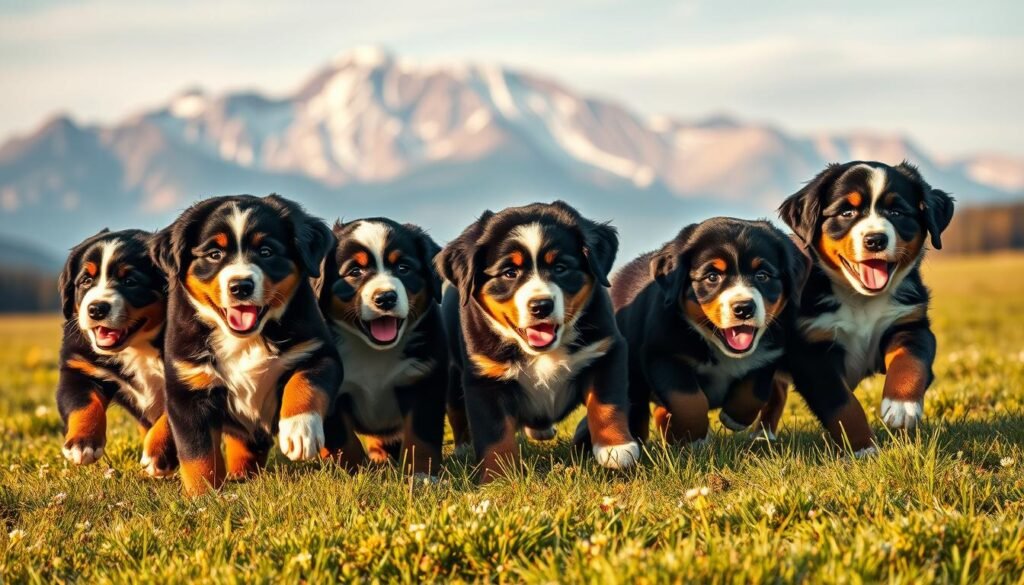 A litter of healthy, energetic Bernese Mountain Dog puppies frolicking in a lush, verdant meadow. The pups' thick, silky coats gleam in the warm, golden afternoon sunlight, their black, white, and rust markings standing out in sharp contrast. Their expressive faces radiate joy and curiosity as they bound and tumble, their powerful paws propelling them across the soft, flower-dotted grass. In the distance, a towering mountain range rises, its snow-capped peaks hinting at the breed's hardy, alpine origins. The scene exudes a sense of tranquility and natural beauty, perfectly capturing the allure of these affectionate, intelligent companions.