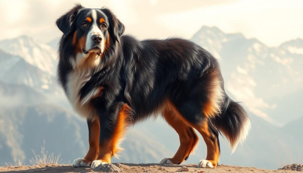 A majestic Bernese Mountain Dog stands proud in a picturesque alpine setting, its thick, lush coat shimmering in the soft, diffused lighting. The dog's muscular build and large paws are accentuated, hinting at its power and agility. The dog's triangular head, floppy ears, and soulful eyes convey a gentle, intelligent expression. In the background, snow-capped peaks rise against a hazy, atmospheric sky, creating a serene and awe-inspiring scene that complements the dog's striking appearance.