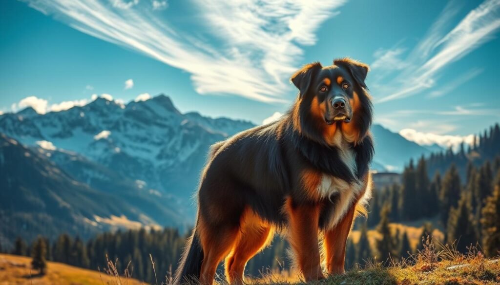 A majestic Euro mountain sheparnese stands proud against a backdrop of snow-capped peaks and lush alpine meadows. Its thick, double-layered coat of black, tan, and white fur glistens in the warm, golden sunlight. The powerful, muscular build and alert, intelligent gaze of this hybrid breed convey a sense of unwavering loyalty and steadfast protectiveness. In the middle ground, a sprawling evergreen forest frames the scene, while wispy clouds drift across a clear, azure sky. The overall atmosphere is one of tranquil grandeur, reflecting the harmonious blend of the German Shepherd and Bernese Mountain Dog's noble qualities.