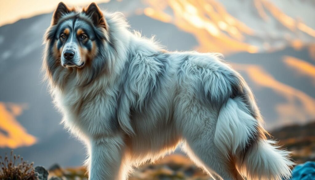 A majestic, fluffy mixed-breed dog stands tall, its voluminous coat cascading in waves of white, grey, and brown. The dog's features blend the distinctive characteristics of the Great Pyrenees and the Bernese Mountain Dog - a strong, muscular build, a broad head, and soulful, intelligent eyes. The scene is bathed in warm, golden light, casting a soft, ethereal glow over the subject. The dog is positioned in a natural, relaxed stance, capturing the breed's friendly, loyal, and protective nature. The background is a picturesque mountain landscape, hinting at the dog's hardy, outdoor-loving temperament. This image perfectly encapsulates the unique and captivating blend of traits inherent in the Great Pyrenees Bernese Mountain Dog mix.