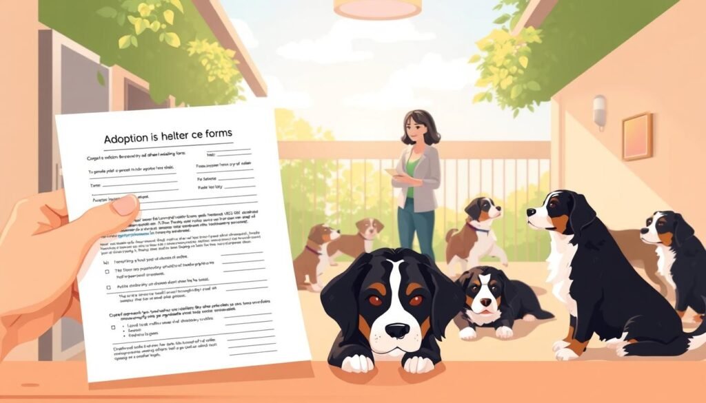 A modern, sleek illustration showcasing the key steps of the Bernese Mountain Dog adoption process. In the foreground, a hand fills out an adoption application form, with a Bernese puppy curiously peeking over the edge. In the middle ground, a person interacts with a shelter employee, discussing requirements and fees. The background depicts a tranquil, sun-dappled shelter environment, with Bernese dogs of various ages playing and relaxing. Soft, warm lighting illuminates the scene, conveying a sense of comfort and care. The overall mood is informative yet approachable, guiding the viewer through the practical aspects of adopting a Bernese Mountain Dog.