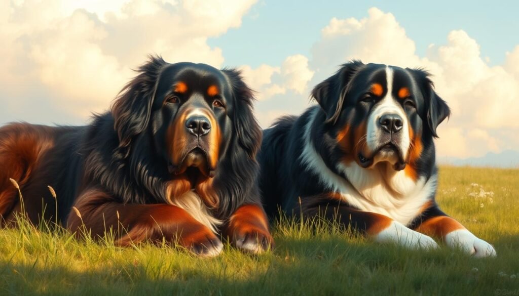 A pair of Newfoundland and Bernese Mountain dogs resting peacefully in a sunlit meadow, their massive frames exuding a gentle, reassuring presence. Soft, billowing clouds drift overhead, casting a warm, diffused glow upon the serene scene. The dogs' soulful eyes and relaxed postures convey a deep sense of tranquility, their expansive, muscular builds juxtaposed with an unmistakable air of kindness. Dappled shadows play across their thick, lustrous coats, highlighting the subtle interplay of colors that define these majestic breeds. The overall composition evokes a calming, almost reverential atmosphere, capturing the essence of the "gentle giants" temperament that makes these dogs beloved companions.