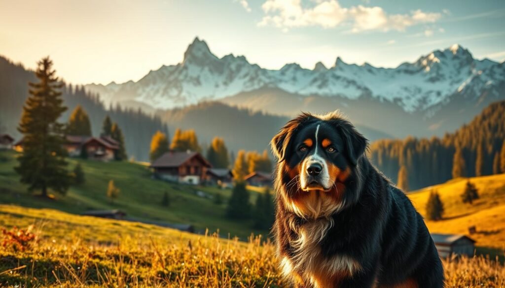 A picturesque Bernese mountain scene in a golden-hour glow. In the foreground, a majestic Bernese mountain dog stands proudly, its thick, lush coat shimmering. In the middle ground, traditional Swiss chalets dot the rolling hills, their weathered wood and red-tiled roofs nestled among lush meadows and towering pine trees. The background is dominated by the dramatic, snow-capped peaks of the Swiss Alps, their jagged silhouettes casting long shadows across the landscape. The lighting is soft and warm, creating a sense of timeless serenity and the rich history of the Bernese mountain dog's origins.