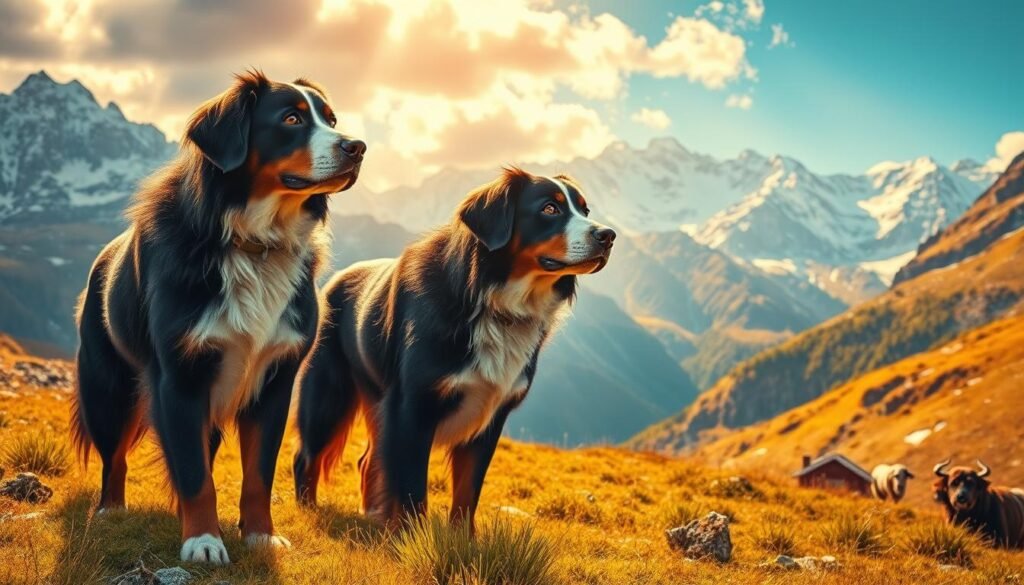A picturesque alpine scene featuring a pair of agile, short-haired Bernese mountain dogs in their natural habitat. The rugged, snow-capped peaks of the Swiss Alps loom in the distant background, casting a majestic presence. In the foreground, the dogs stand alert, their keen eyes scanning the terrain, ready to assist their human companions with the tasks of herding and guarding livestock. Warm, golden sunlight filters through the crisp, mountain air, illuminating the dogs' thick, glossy coats and the lush, verdant meadows that surround them. A sense of timeless history and the enduring bond between these hardy canines and the Alpine landscape pervades the scene.