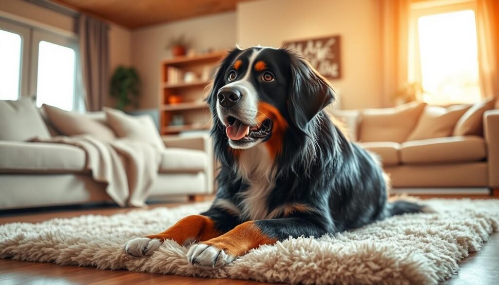 A playful, family-friendly Bernese Mountain Dog nestled in a cozy, well-lit living room. The dog's gentle expression and wagging tail convey a calm, affectionate temperament as it sits on a plush rug, surrounded by soft, neutral-toned furnishings. Warm, natural lighting filters through large windows, creating a serene, inviting atmosphere. The dog's thick, shiny coat and muscular build suggest its hardy, loyal nature, well-suited for a loving household. The scene captures the breed's innate ability to thrive as a beloved companion, exuding a sense of trust, patience, and unwavering devotion.