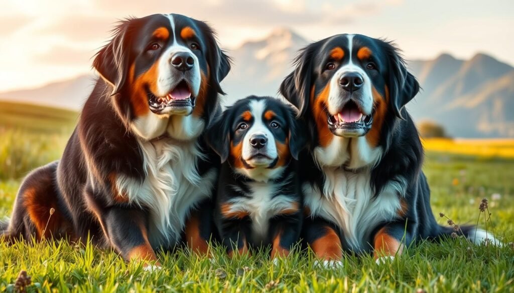 A serene family portrait of two gentle giant Saint Bernard Bernese Mountain Dog mix breeds, a parent and its offspring, sitting together in a lush, verdant meadow. Soft, natural lighting bathes the scene, creating a warm, inviting atmosphere. The dogs' expressive, friendly faces and relaxed posture convey their affectionate, loyal temperament. In the background, a picturesque mountain range rises, adding depth and a sense of tranquility to the composition. The overall image evokes a feeling of harmony, showcasing the gentle, family-oriented nature of this unique mixed-breed canine.