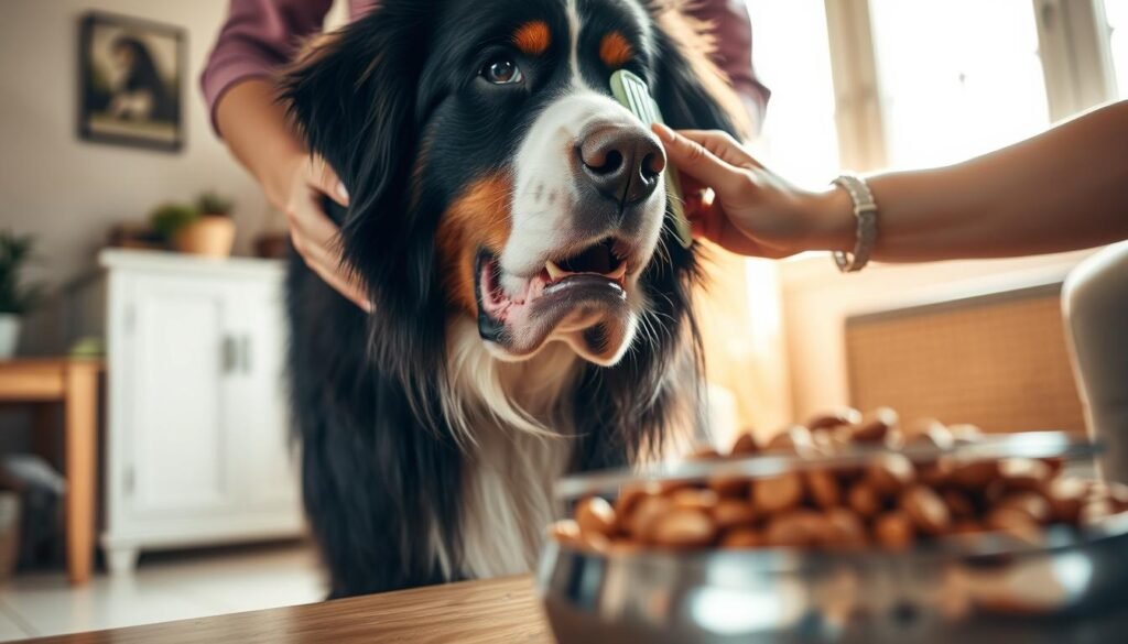 A serene home setting with a well-groomed Bernese Mountain Dog being gently brushed by a caring owner. The dog's thick, lustrous coat shines in the warm, natural lighting. In the foreground, a bowl of premium dog food sits, ready to nourish the canine companion. The scene conveys a sense of tranquility and the thoughtful care required to maintain the health and appearance of this majestic breed. A wide-angle lens captures the intimate moment, showcasing the dog's impressive size and the owner's attentive grooming routine.