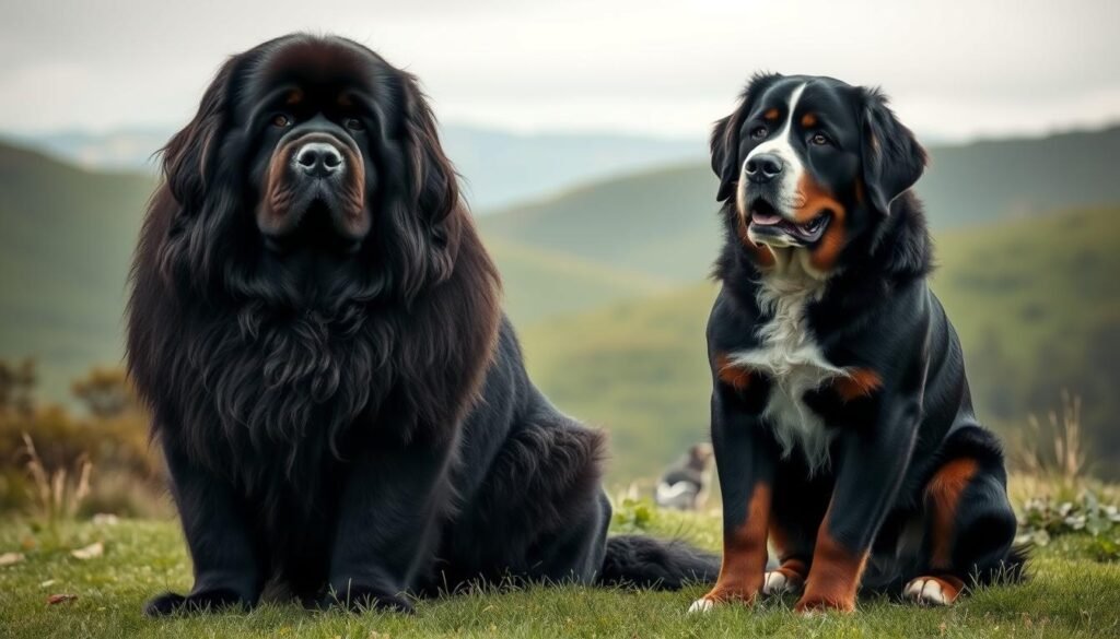 A serene outdoor scene featuring two majestic, gentle giants - a Newfoundland dog and a Bernese Mountain dog. The Newfoundland, with its thick, glossy black coat and powerful build, stands tall and proud, exuding a sense of tranquility. The Bernese, with its distinctive tri-color markings and muscular frame, sits calmly beside its counterpart, their core differences subtly highlighted by the soft, diffused lighting. The background is a lush, verdant landscape with rolling hills and a calming, overcast sky, creating a soothing, natural atmosphere that complements the gentle, yet striking presence of these two breeds.