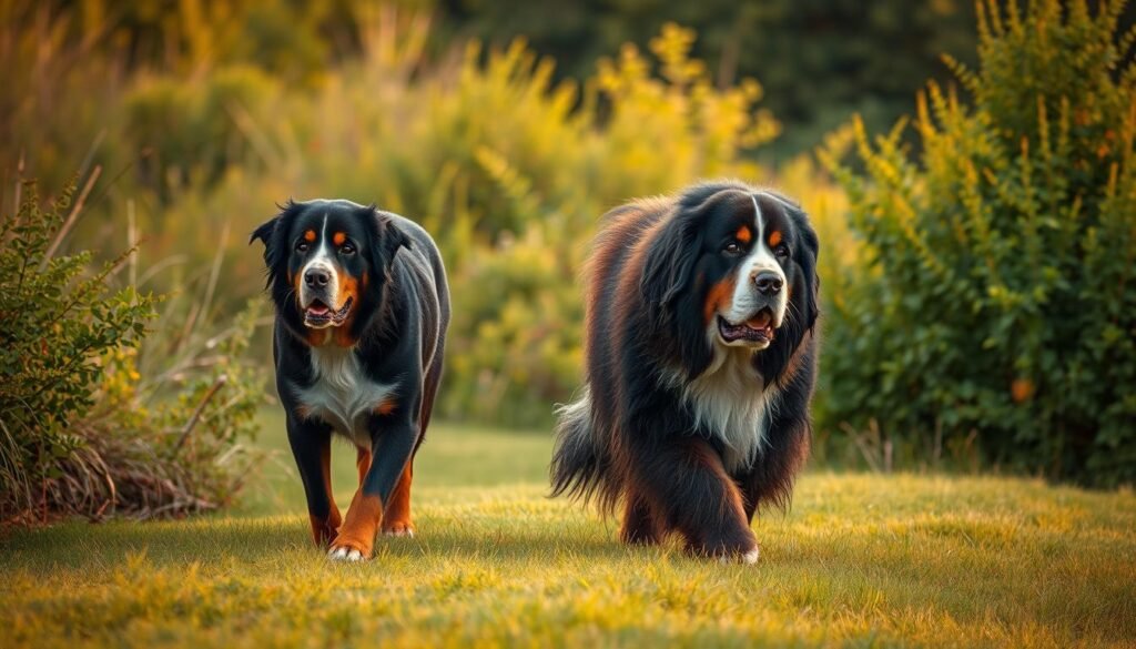 A serene outdoor setting, with a gentle Bernese Mountain Dog and a massive Newfoundland dog engaging in a leisurely walk. The pair move gracefully through a lush, verdant landscape, bathed in warm, natural lighting. The Newfoundland's thick, dark fur and the Bernese's distinctive tricolor coat stand out against the earthy tones of the environment. Their movements are unhurried, conveying the easygoing exercise needs of these gentle giants. The scene exudes a sense of tranquility and harmony, showcasing the moderate activity levels and relaxed nature of these majestic breeds.
