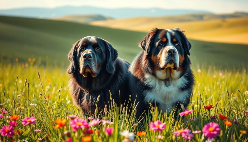 A serene, sunlit meadow with lush green grass and vibrant wildflowers. In the foreground, two gentle giants - a Newfoundland dog and a Bernese Mountain dog - stand side by side, their massive frames and kind eyes conveying a sense of tranquility and wisdom. Soft, diffused lighting casts a warm glow on their fur, highlighting their impressive builds and the subtle details of their features. In the middle ground, a subtle hint of rolling hills in the distance, creating a sense of depth and openness. The overall atmosphere is one of peace, contemplation, and the harmony between these majestic breeds and their natural environment.