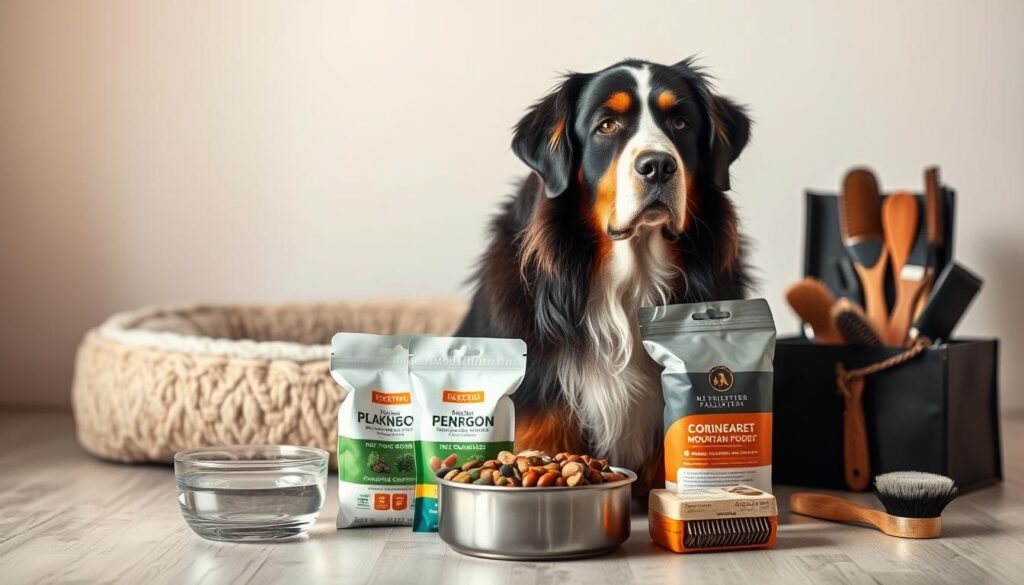 A serene, well-lit portrait of a Bernese Mountain Dog surrounded by essential health items. The dog is sitting attentively, its thick, lustrous coat reflecting the warm, natural lighting. In the foreground, a bowl of high-quality dog food, a water dish, and a package of supplements are neatly arranged. In the middle ground, a plush dog bed and a selection of brushes and grooming tools. The background features a tranquil, minimalist setting, allowing the health essentials to take center stage. The overall mood is one of care, contentment, and a dedication to the dog's well-being.