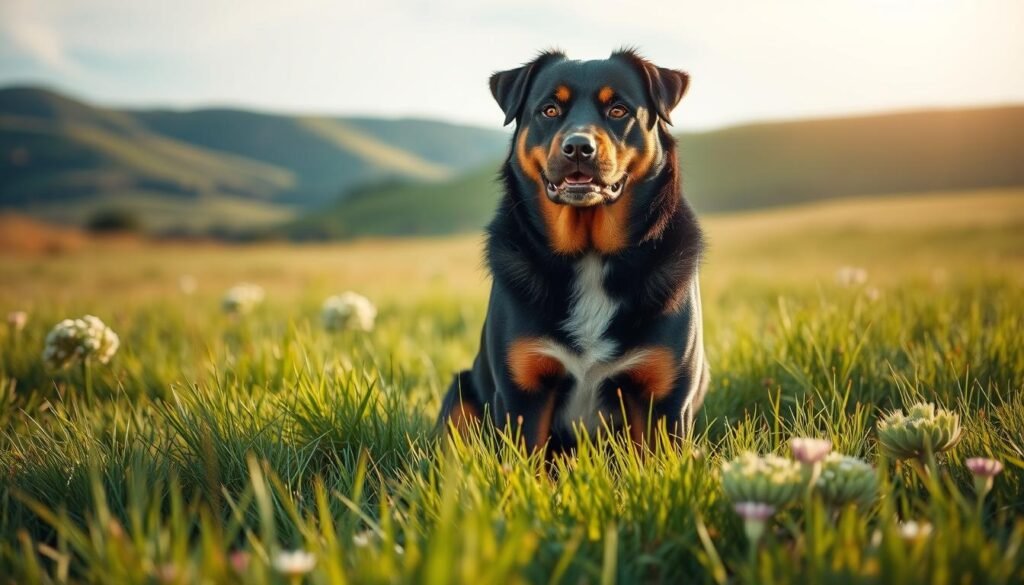 A tranquil scene of a Bernese Rottweiler mix sitting peacefully in a sunlit meadow, its thick, glossy coat shimmering. In the foreground, the dog's expressive eyes and alert posture convey a sense of health and vitality. The middle ground features lush, verdant grass and wildflowers, while the background showcases rolling hills and a clear, azure sky. Soft, diffused lighting creates a warm, calming atmosphere, as if captured by a skilled nature photographer using a medium-format camera lens. The overall impression is one of balance, strength, and the well-being of this unique hybrid breed.