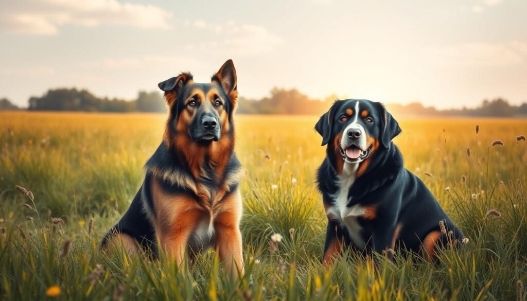 A tranquil, sun-dappled meadow, with a pair of attentive dogs at its center. In the foreground, a German Shepherd and a Bernese Mountain Dog sit side by side, their expressions reflecting a calm, confident demeanor. The shepherd's alert gaze and the Bernese's gentle, approachable stance convey a balanced temperament, well-suited for both companionship and guardianship. In the middle ground, lush grasses and wildflowers sway gently in a soft breeze, creating a serene, pastoral atmosphere. The background features a distant tree line, hinting at the dogs' affinity for the great outdoors. Warm, diffused lighting casts a golden glow, accentuating the dogs' healthy coats and highlighting their inherent nobility and poise.