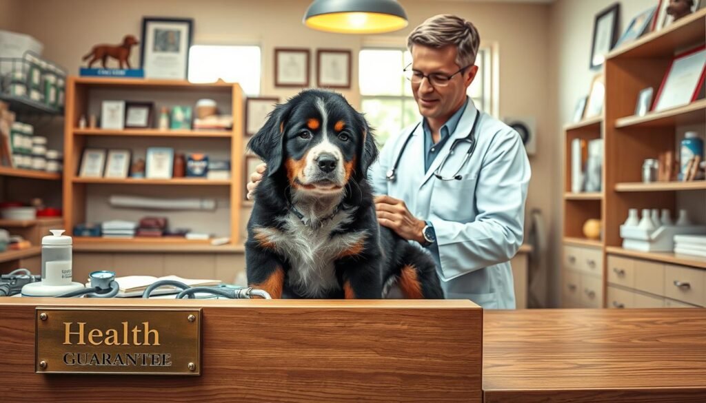 A veterinary clinic with a warm, inviting atmosphere. In the foreground, a wooden desk with medical equipment and a plaque reading "Health Guarantee". Behind it, a veterinarian in a crisp white lab coat examines a small Bernese Mountain Dog puppy, their gentle expression conveying care and expertise. In the background, shelves filled with pet supplies and framed certificates, illuminated by soft, natural lighting filtering through large windows. The overall scene radiates professionalism, trust, and a commitment to the well-being of both the canine companion and its owner.