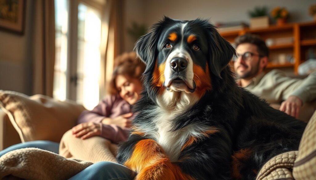 A warm and cozy scene of a Bernese Mountain Dog snuggled up with a family, showcasing the breed's renowned companionship and charm. The dog's plush, tri-colored coat stands out against the soft, muted tones of a cozy living room. Gentle natural lighting bathes the room, creating a sense of comfort and intimacy. The dog's expressive eyes and relaxed posture convey a deep bond with its human companions, who are seated nearby, sharing in the tranquil moment. The overall atmosphere evokes the enduring legacy of the Bernese Mountain Dog as a beloved family member, a loyal and affectionate companion in everyday life.