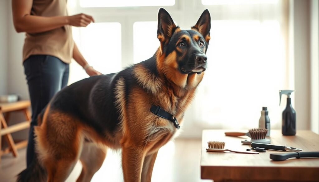 A well-groomed and obedient German Shepherd and Bernese Mountain Dog mix standing in a bright, airy room. The dog's coat shines with a healthy sheen, its nails trimmed, and its eyes alert and attentive. In the background, various grooming tools are neatly arranged on a wooden table, including a brush, comb, and nail clippers. Soft, diffused lighting from a large window casts a warm glow, highlighting the dog's muscular frame and the trainer's gentle hand as they demonstrate a basic obedience command. The overall scene conveys a sense of care, discipline, and the rewarding bond between the owner and their canine companion.