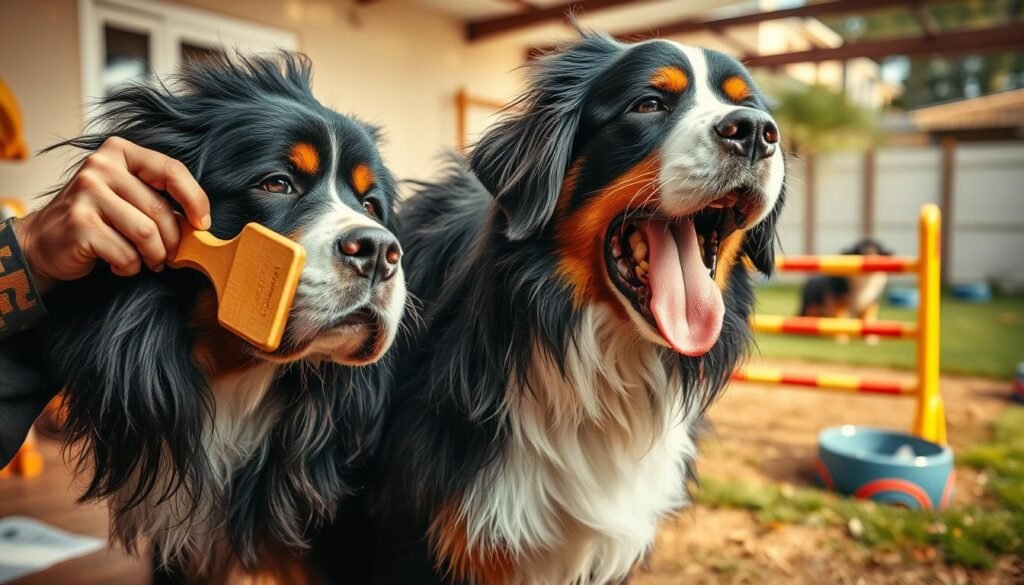 A well-lit, immersive scene of a Bernese Mountain Dog enthusiastically engaging in various aspects of its daily care routine. In the foreground, the canine is shown brushing its thick, lustrous coat with a gentle grooming brush, its focused expression conveying the importance of this essential task. In the middle ground, the dog is seen navigating an obstacle course, demonstrating its agility and physical prowess as part of a stimulating exercise regimen. The background depicts a spacious, well-equipped outdoor play area, with toys and a water bowl, creating a welcoming environment for the dog's active lifestyle. The overall atmosphere is one of vibrant energy, reflecting the Bernese Mountain Dog's inherent need for regular physical and mental stimulation.