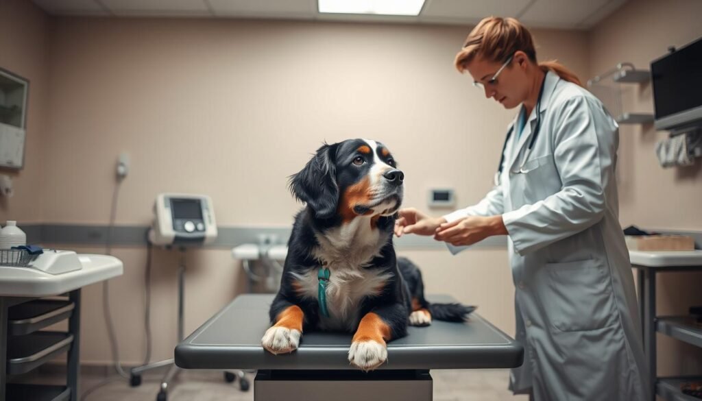 A well-lit veterinary clinic examination room, a Short Haired Bernese Mountain Dog patiently sitting on an examination table, surrounded by medical equipment. The veterinarian, wearing a white coat, gently examines the dog, checking its vital signs and overall health. The room has a warm, calming atmosphere, with muted colors and subtle lighting, conveying the importance of regular health checkups for this breed. The dog's attentive gaze and the veterinarian's careful attention capture the trust and care at the heart of this routine visit.