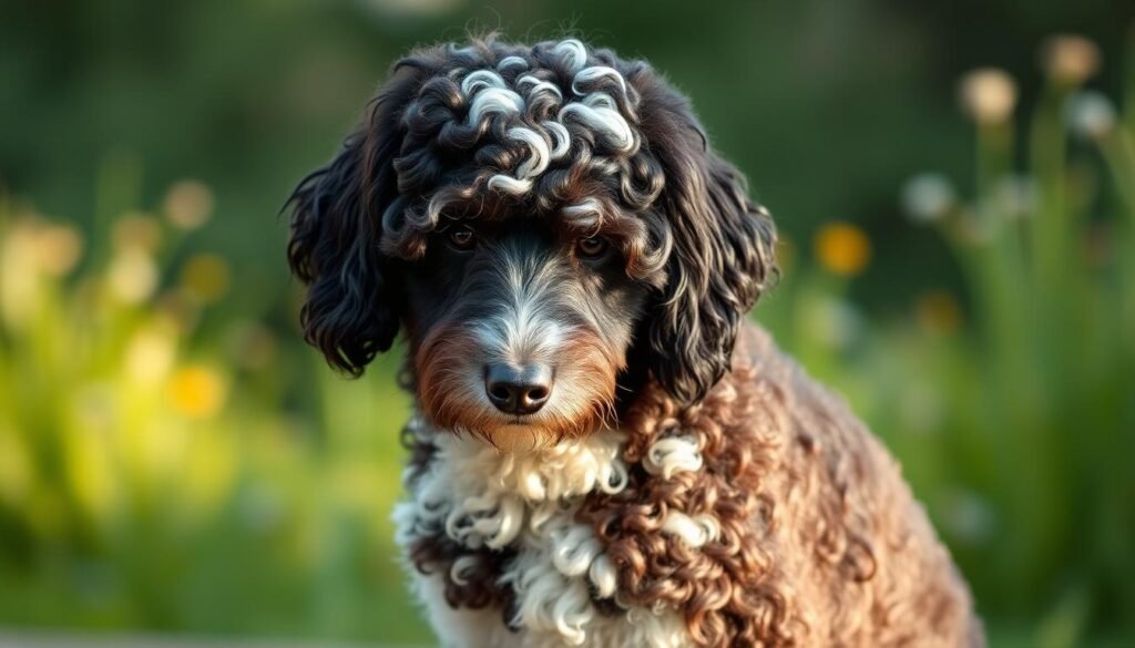 a highly detailed and photorealistic portrait of a bernese mountain dog mixed with a poodle, posed in a relaxed and friendly manner, set against a soft, blurred natural background of lush greenery and warm, natural lighting, creating a tranquil and inviting atmosphere that showcases the unique and charming features of this hybrid breed, such as the curly poodle-like coat, the distinctive bernese mountain dog markings, and an overall blend of these two beloved dog breeds