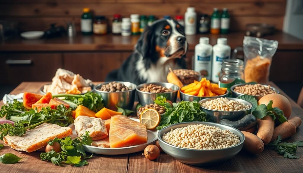 a well-lit, high-quality photograph of a balanced canine nutrition spread on a wooden table. In the foreground, a variety of fresh, whole-food ingredients such as lean protein sources (e.g. grilled chicken, salmon), leafy greens, vegetables, and complex carbohydrates (e.g. sweet potatoes, brown rice). In the middle ground, stainless steel bowls filled with dry kibble, wet food, and water. Behind, a selection of pet-safe supplements and vitamins. The scene is bathed in warm, natural lighting, creating a sense of health, wellness, and nourishment for a beloved Bernese Mountain Dog.