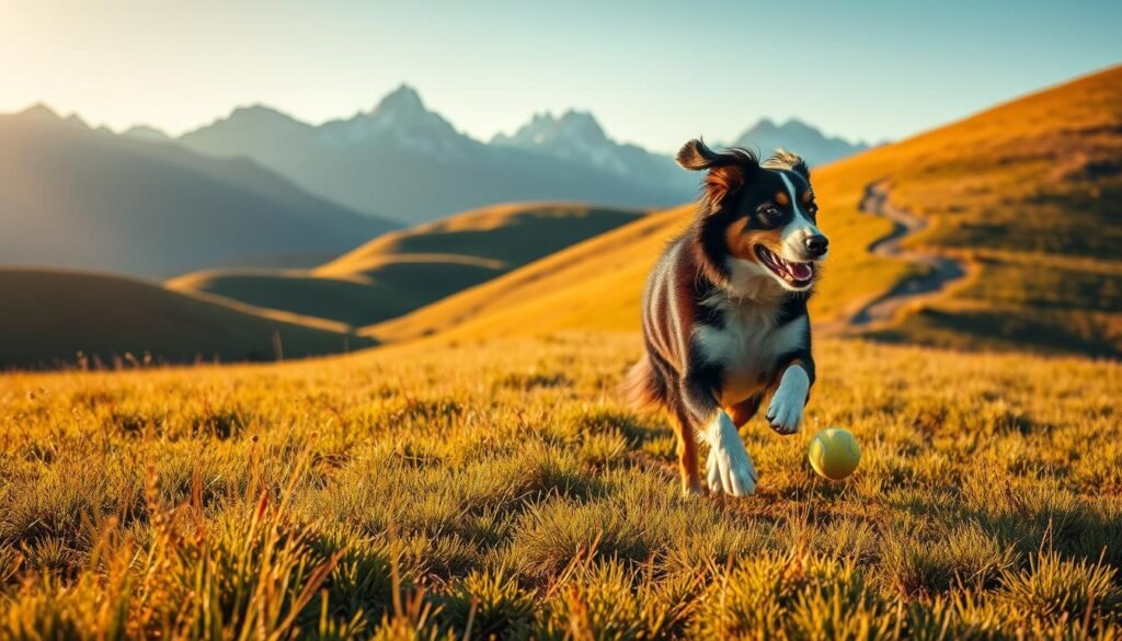 A Bernese Mountain Dog Collie mix bounds through a lush, grassy field, its powerful muscles rippling as it enthusiastically chases a tennis ball. The sun casts a warm, golden glow, illuminating the dog's thick, glossy coat. In the middle ground, a hiking trail winds through the rolling hills, inviting the viewer to join the energetic canine on an invigorating outdoor adventure. The background features a backdrop of towering, snow-capped mountains, creating a sense of scale and majesty. The image conveys the high energy levels and daily exercise needs of this breed, perfectly capturing the essence of the "Energy Levels and Daily Exercise Needs" section.