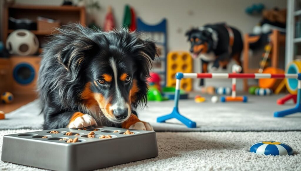 A Bernese Mountain Dog Collie mix engaged in mentally stimulating activities. In the foreground, the dog is solving a treat puzzle, its brow furrowed in concentration. Mid-ground, the dog navigates through a maze-like obstacle course, leaping over obstacles with agility. In the background, various interactive toys and training equipment are scattered, suggesting a well-equipped home setup for enrichment. The lighting is soft and natural, accentuating the dog's dense, lustrous coat. The overall scene conveys a sense of focused, purposeful play, highlighting the importance of mental stimulation for this energetic mixed-breed canine.