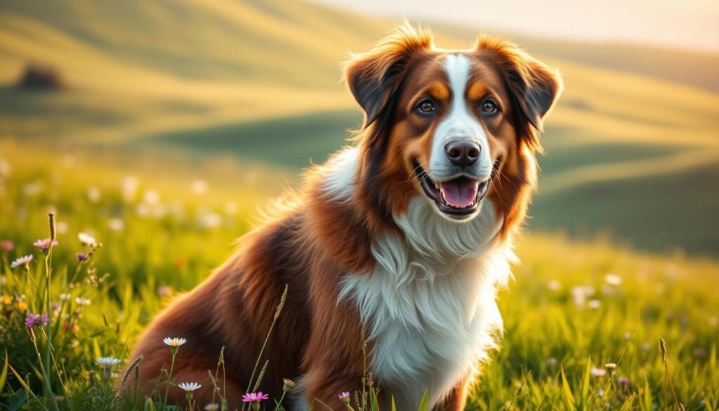 A Bernese Mountain Dog Collie mix with a friendly, affectionate temperament. The dog sits in a lush, verdant meadow, its warm brown and white fur glistening in the soft, diffused sunlight. Its dark eyes express a gentle, attentive curiosity, conveying the breed's intelligence and eagerness to please. The dog's muscular, sturdy build suggests strength and resilience, while its relaxed, open posture reflects a calm, patient demeanor. In the background, rolling hills dotted with wildflowers create a serene, pastoral atmosphere, complementing the dog's inherent tranquility and approachability.