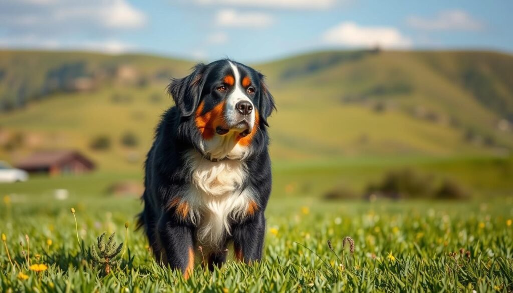 A Bernese Mountain Dog stands proud in a lush meadow, its muscular frame and weathered coat reflecting its heritage as a working breed. The dog's attentive gaze and alert posture convey its intelligence and trainability, while the serene, sun-dappled environment suggests the breed's ability to thrive in outdoor settings. In the background, rolling hills and a clear sky create a sense of tranquility and natural harmony. Crisp, high-contrast lighting highlights the dog's distinctive markings and emphasizes its physical capabilities, underscoring the health considerations and working abilities that make this breed unique.