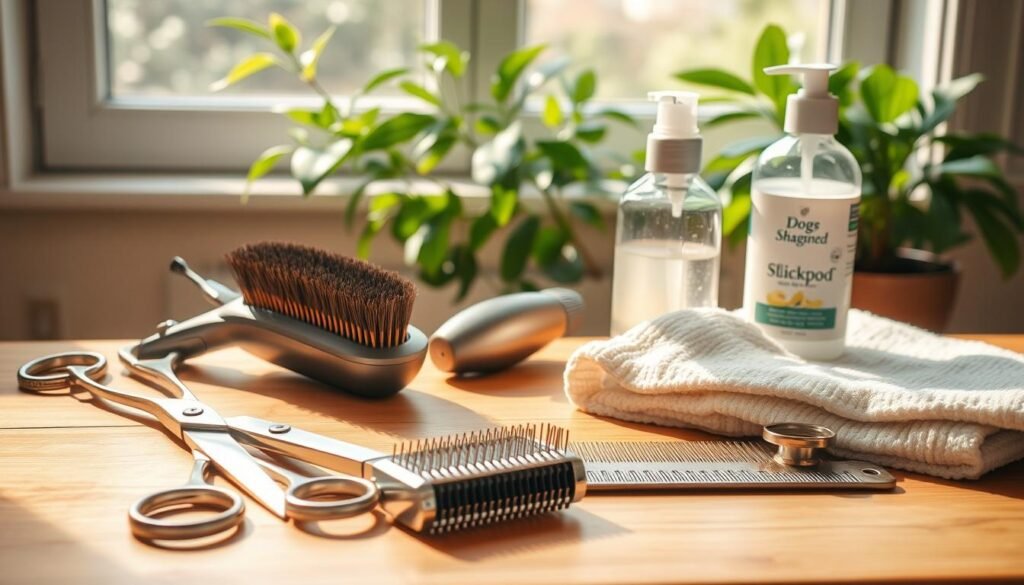 A bright and airy scene of summer dog grooming tools arranged on a wooden table. In the foreground, a set of sharp steel scissors, a high-quality slicker brush, and a metal comb with fine teeth shine under warm, natural lighting. In the middle ground, a sleek electric trimmer and a bottle of soothing, fragrant dog shampoo sit next to a terry cloth towel. The background features a window with lush, verdant plants, casting a soft, diffused glow over the scene. The overall mood is one of efficiency, care, and the rejuvenating spirit of the summer season.
