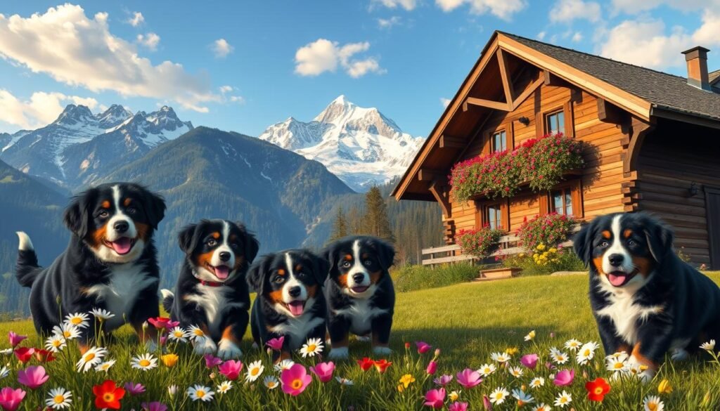 A charming tableau of Swiss-inspired Bernese mountain dog names, set against a backdrop of majestic alpine landscapes. In the foreground, playful pups frolic amidst vibrant wildflowers, their collars adorned with delicate edelweiss blooms. The mid-ground features a rustic wooden chalet, its window boxes overflowing with cascading geraniums. In the distance, snow-capped peaks pierce the azure sky, bathed in warm, golden light. The scene exudes a sense of whimsical, mountainous wonder, perfectly capturing the essence of these loyal, hardworking canines and the idyllic Swiss countryside that inspired their names.