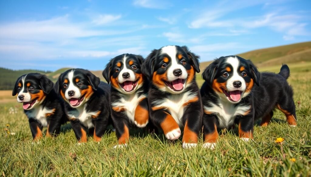 A cheerful litter of healthy, well-cared-for Bernese Mountain Dog puppies playing in a sunlit, grassy meadow. The puppies are fluffy, with thick coats in the breed's distinctive tricolor pattern of black, white, and rust. They are frolicking and wrestling playfully, their bright eyes and wagging tails conveying a sense of joy and vitality. The background features rolling hills, a few scattered wildflowers, and a clear blue sky with soft, wispy clouds. The scene is captured with a shallow depth of field, drawing the viewer's focus to the engaging expressions and interactions of the puppies in the foreground.