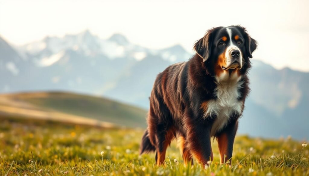 A classic Bernese Mountain Dog in a tricolor coat, captured in a warm, natural setting. The dog stands proudly, its thick, lustrous fur glistening in soft, diffused lighting. In the foreground, the dog's distinct markings are highlighted - a solid black head, chestnut-brown body, and crisp white patches on the chest and legs. The middle ground features a tranquil meadow, with lush green grasses and scattered wildflowers. In the background, a row of majestic, snow-capped mountains rises, creating a picturesque alpine landscape. The overall composition evokes a sense of timeless elegance and the breed's deep connection to its historical Swiss origins.