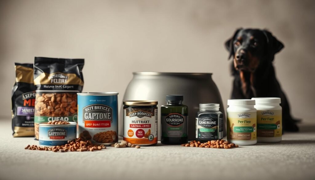 A close-up, detailed still life depicting the various life stage nutrition products for large breed dogs. In the foreground, an assortment of high-quality kibble, wet food cans, and nutritional supplements arranged neatly on a neutral-colored surface, with soft, diffused lighting from the side illuminating the textures and colors. In the middle ground, several large, breed-specific dog bowls of different sizes, hinting at the different caloric and nutritional needs of puppies, adults, and senior canines. The background features a subtle, blurred gradient, drawing the viewer's attention to the central focus. The overall mood is one of informative sophistication, highlighting the importance of tailored nutrition for the distinct life stages of large dogs.