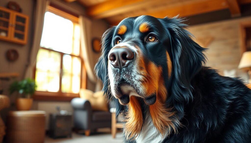 A close-up photograph of a well-groomed Greater Swiss Mountain Dog, its thick, shiny coat meticulously brushed and free of tangles. The dog is situated in a cozy, rustic interior, with natural lighting filtering in through a nearby window, casting a warm, inviting glow. The background features wooden accents and subtle earth-toned decor, creating a harmonious and calming atmosphere. The dog's attentive gaze and relaxed posture convey a sense of contentment, reflecting the essential care guidelines for maintaining the health and well-being of this loyal, hardworking breed.