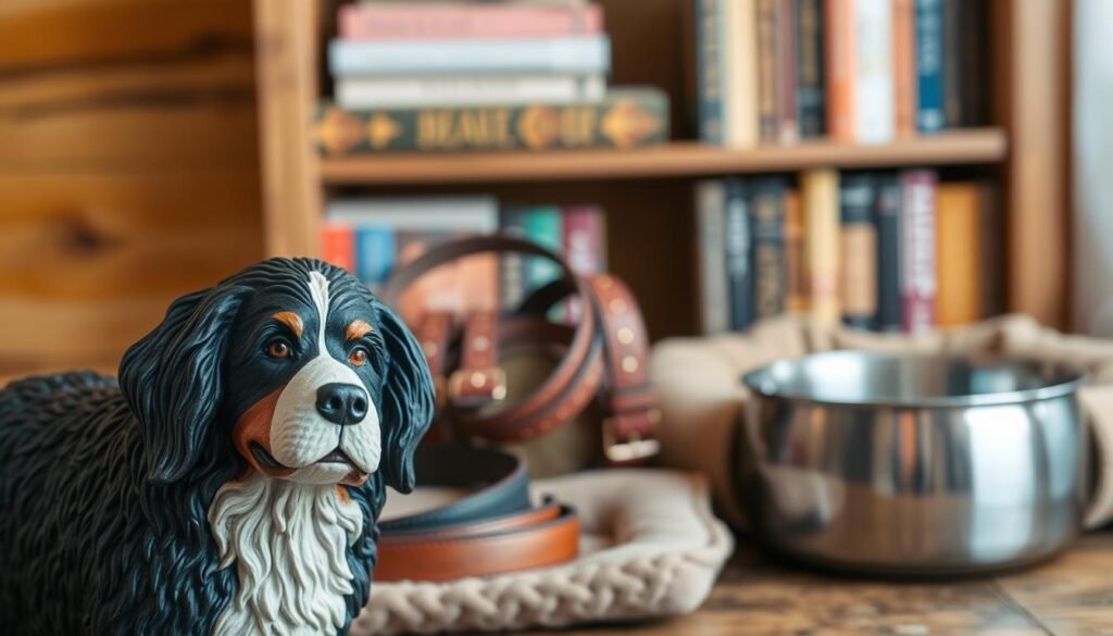 A close-up shot of an assortment of durable Bernese Mountain Dog-themed gifts against a warm, rustic background. In the foreground, a hand-carved wooden figurine of a Bernese Mountain Dog, its dense, fluffy coat and friendly expression captured in intricate detail. In the middle ground, a sturdy leather leash and collar set, complemented by a plush, high-quality dog bed in a neutral, earthy tone. In the background, a bookshelf displays a collection of Bernese Mountain Dog-focused books and a sleek, stainless steel water bowl. The overall scene conveys a sense of quality, practicality, and a deep appreciation for this beloved breed.