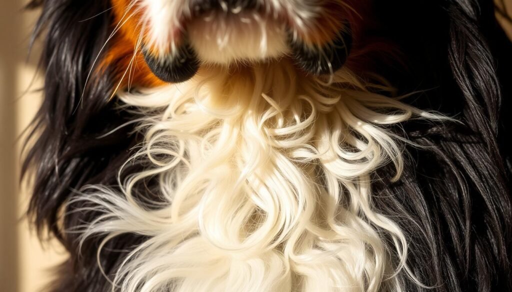 A close-up view of a Bernese Mountain Dog's double coat, showcasing the distinct seasonal shedding process. In the foreground, individual hairs are clearly visible, highlighting the coarse outer layer and the soft, downy undercoat. The middle ground reveals tufts of loose fur, capturing the transitional nature of the shedding cycle. The background features a soft, blurred backdrop, emphasizing the textural details of the coat. The lighting is warm and natural, casting subtle shadows that accentuate the layered structure. The overall composition conveys a sense of intimate observation, allowing the viewer to appreciate the intricate grooming needs of this breed.