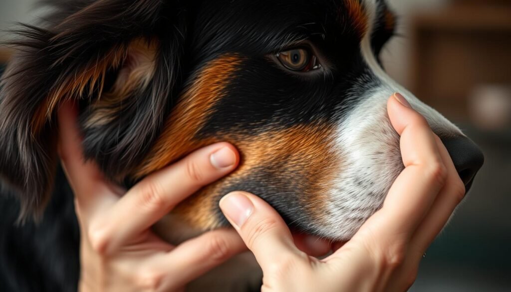 A close-up view of a shaved Bernese Mountain Dog's delicate ear, showcasing the grooming process. Soft, diffused lighting illuminates the scene, highlighting the intricate details of the dog's ear canal and the careful, attentive hands of a groomer gently cleaning and trimming the nails. The dog's expression conveys a sense of calm and trust, as the groomer's touch is gentle and reassuring. The background is blurred, keeping the focus on the sensitive areas being attended to, creating a serene and intimate atmosphere.