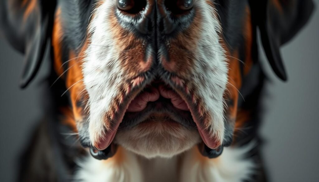 A close-up view of the jowls of a Bernese Mountain Dog, captured in intricate anatomical detail. The skin and muscle structures are rendered with photorealistic precision, showcasing the loose, pendulous folds and prominent wrinkles that characterize this breed's distinctive facial features. The lighting is soft and diffused, accentuating the subtle textures and contours of the jowls. The depth of field is shallow, keeping the focus on the central subject and blurring the background to an out-of-focus, neutral gray. The overall mood is one of clinical study, inviting the viewer to explore the unique anatomy that contributes to the Bernese Mountain Dog's iconic drooling tendencies.