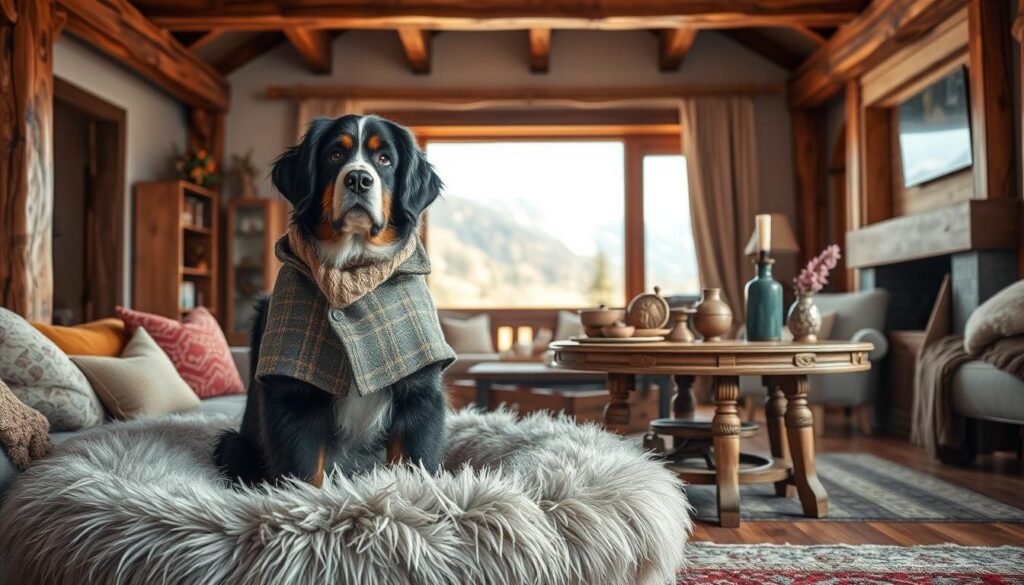 A cozy Bernese Mountain Dog's home decor, showcasing a plush, fur-lined dog bed in the foreground, surrounded by stylish throw pillows and a cozy knitted blanket. In the middle ground, a Bernese Mountain Dog wearing a fashionable, handcrafted tweed coat and matching scarf stands proudly, its majestic appearance complemented by a rustic, wooden side table displaying a selection of Bernese-themed trinkets and accessories. The background features a warm, natural-lit living room, with exposed wooden beams and a large window overlooking a picturesque mountain landscape, evoking a sense of alpine elegance and comfort.