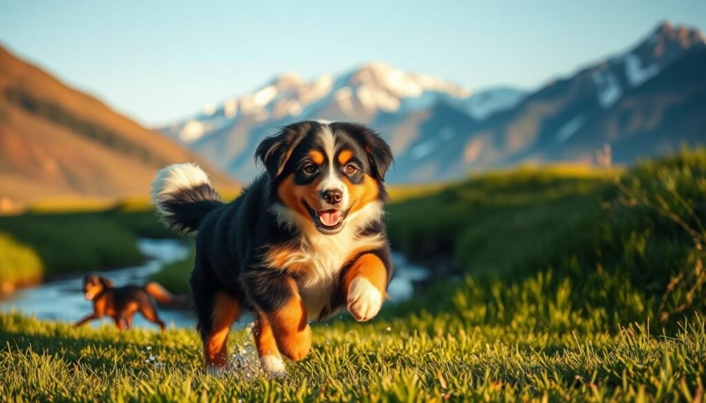 A cozy, inviting bernese mountain dog experience unfolds. In the foreground, a playful pup bounds across a lush, verdant field, its fluffy coat glistening in the warm, golden sunlight. The middle ground reveals a tranquil creek winding through the landscape, where the dog pauses to splash and wade, tail wagging with delight. In the background, majestic mountains rise, their snow-capped peaks framing the serene scene. The lighting is soft and natural, accentuating the dog's expressive features and the picturesque setting. The overall mood is one of unbridled joy, wonder, and a deep connection between the bernese mountain dog and its natural environment.