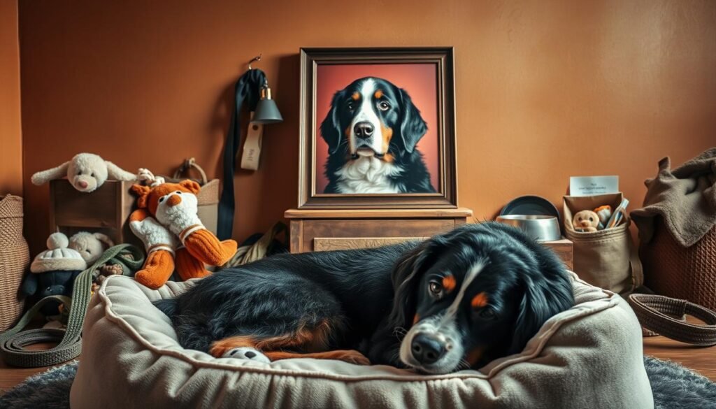 A cozy, rustic scene featuring an assortment of carefully curated Bernese Mountain Dog-themed items. In the foreground, a plush, soft-hued dog bed invites the viewer to imagine a canine companion curled up contentedly. Surrounding it, an artfully arranged display of toys, treats, and accessories - a chew-resistant leash, a sturdy food bowl, a stylish collar in the breed's trademark tricolor pattern. In the middle ground, a wooden side table holds a framed portrait of a majestic Bernese, its kind, intelligent gaze drawing the eye. Behind, a warm, earthy-toned wall serves as a natural backdrop, lending an air of tranquility and homeliness to the scene. Soft, diffused lighting casts a gentle glow, creating an inviting, cozy atmosphere perfect for showcasing these handpicked Bernese Mountain Dog essentials.