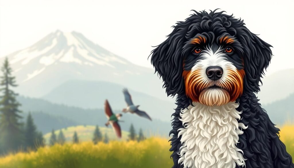 A detailed, genetically-accurate illustration of a Bernedoodle's distinctive traits. In the foreground, a medium-sized dog with a thick, wavy black-and-white coat, floppy ears, and a friendly, intelligent expression. The middle ground showcases the Bernedoodle's genetic mix, with the stocky, muscular build of a Bernese Mountain Dog blended seamlessly with the curly, poodle-like fur texture. In the background, a soft, hazy landscape with lush greenery and a snow-capped mountain peak, evoking the Bernese Mountain Dog's Swiss heritage. The lighting is natural and warm, highlighting the Bernedoodle's striking colors and creating a sense of harmony between the subject and its environment.