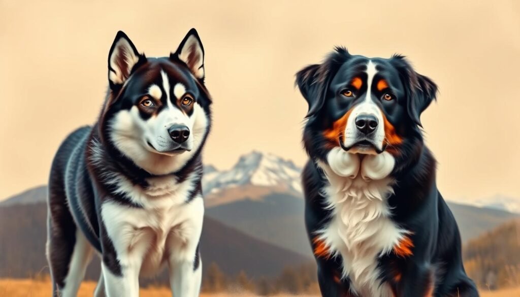 A detailed side-by-side comparison of the Husky and Bernese Mountain Dog, their distinctive features and physical traits. Set against a warm, natural backdrop with soft, diffused lighting. The foreground showcases the two breeds standing proud, their majestic builds and lush coats emphasized. The middle ground provides a closer examination of their facial structures, expressive eyes, and unique markings. The background depicts a scenic mountain landscape, hinting at the breeds' rugged origins. Subtle, harmonious tones create an atmosphere of refinement and heritage, inviting the viewer to appreciate the unique heritage and characteristics of these beloved canine companions.