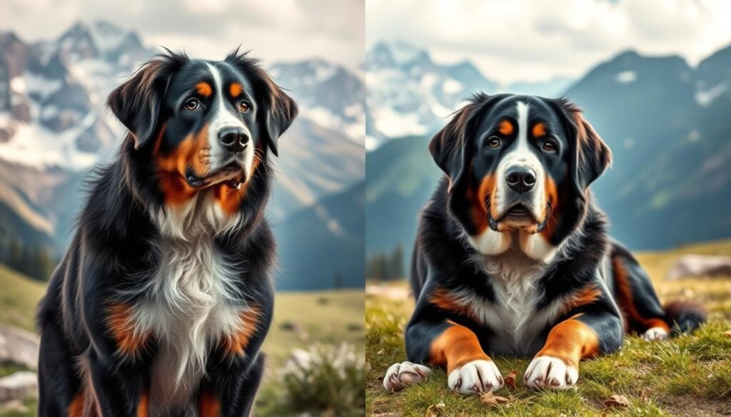 A detailed side-by-side comparison of the distinctive temperaments of a Swiss Mountain Dog and a Bernese Mountain Dog. In the foreground, the Swiss Mountain Dog stands tall and alert, its intelligent gaze reflecting a focused, active nature. In the middle ground, the Bernese Mountain Dog lounges calmly, its gentle expression conveying a more laid-back, affectionate personality. The background is a serene alpine landscape, with towering snow-capped peaks and lush, verdant meadows, setting the scene for these majestic mountain canines. The lighting is soft and natural, highlighting the unique coat colors and textures of each breed. Captured with a wide-angle lens to emphasize the dogs' size and stature, this image provides a visually striking contrast between the divergent temperaments of these two beloved Swiss herding dogs.